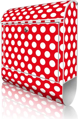 Produktbild von banjado Design Briefkasten Stahl weiß mit Zeitungsfach pulverbeschichtet "Punkte Rot" 38x46x12,5cm & 2 Schlüssel - Postkasten A4 Einwurf inkl. Montagematerial [BKW 10588]