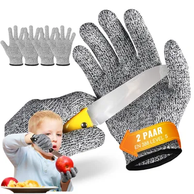 Produktbild von 2 Paar schnittfeste Kinderhandschuhe, Schutzstufe 5, für Kinder im Alter von 3-14 Jahren.