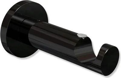 A black curtain rod bracket is shown against a white background.