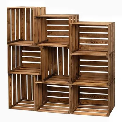 Zdjęcie produktu dla 9x PINEEA Drewniana skrzynka duża – skrzynka na owoce z drewna – dekoracyjne skrzynki na wino – opalana w stylu vintage, 50 x 40 x 30 cm