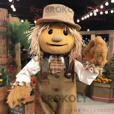 Produktbild von Maskottchencharakter REDBROKOLY einer braunen Vogelscheuche mit Weste und Beanie