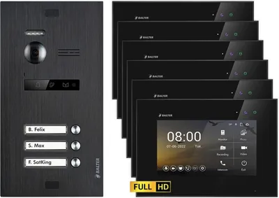 Produktbild von BALTER EVO HD Unterputz Schwarz 2-Draht 6x 7" Schwarz Video Türsprechanlage Set für 3 Familienhaus