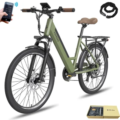 Produktbild von City E-Bike Pannensichere Reifen 26 Zoll Rostfreie Aluminiumlegierung Wasserdicht IP54 bis zu 90 - 110 km mit 7 Gang und App, Grün