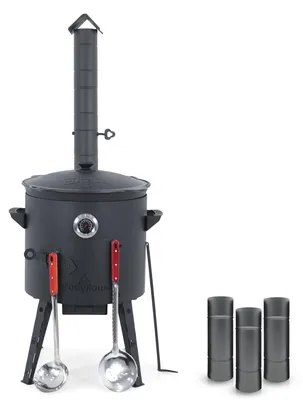 Produktbild von Utschak Feuerofen Ø 40 cm + Gusseisen-Kasan 12 L, runder Boden + Küchenzubehör, Usbekischer Kochtopf aus Gusseisen