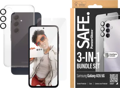 Obrázok produktu pre PanzerGlass SAFE. by ® 3-in-1 Protection Bundle Samsung Galaxy A35 5G, Samsung, Samsung - Galaxy A35 5G, Suché aplikovanie, Odolné proti poškriabaniu, Odolný proti nárazom, Priehľadná, 1 kusov