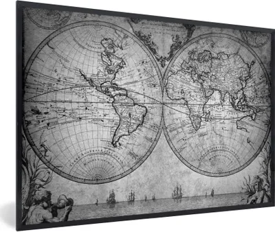 Produktbild von MuchoWow® Gerahmtes Poster Weltkarte - Antik - Vintage - Kind - Junge - Mädchen 90x60 cm - Poster mit Schwarzem Bilderrahmen Wandposter Rahmen Foto Bilder - Fotorahmen - Foto-Plakat