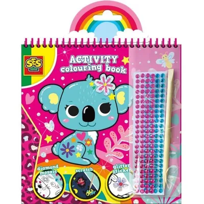 Produktbild von SES Creative 00113 Activity-Malbuch Diamanten 3 in 1 – Tierischer Mal-, Kratz- und Klebespaß mit Diamanten für Kinder, Junge/Mädchen, Aufkleber enthalten, Malbuch/Album