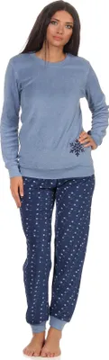Produktbild von Damen Frottee Pyjama Schlafanzug langarm mit Bündchen und Eiskristall Motiv 291 201 13 900 ; blau , 48