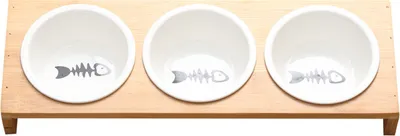 Produktbild von Penelife Futternapf Katze mit Bambus Halter - Futterstation mit 3 Keramik Näpfen für kleine Hunde und Katzen - Fressnapf Set mit Holz Halterung