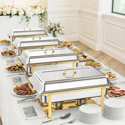 Immagine prodotto di Set per buffet Chafing Dish - Scaldavivande Chafer - Set da 4 - 10 L - Acciaio inossidabile - Contenitori di dimensioni standard - Marrone