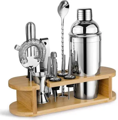 Produktbild von Famanu Cocktailset 12-teilig Edelstahl Barset mit Bambusständer - Mixen von Getränken