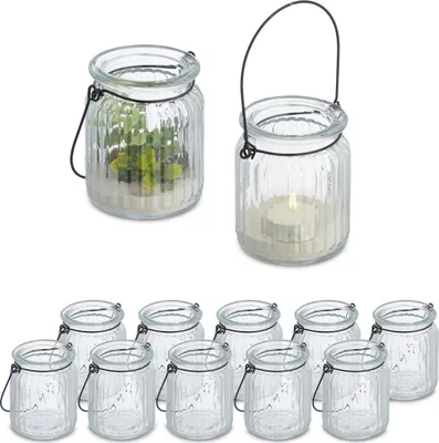 Produktbild von Relaxdays Windlicht, 12er Set, Glas mit Henkel, innen & außen, 9,5 x 8 cm, Hochzeit Teelichthalter, transparent/schwarz