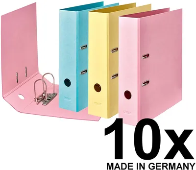 Produktbild von Original Falken 10er Pack Vegan-Ordner Pure Pastell.  Germany. 8 cm breit DIN A4 farbig sortiert (Himmel_Blau, Vanille_Gelb, Flamingo_Pink) Aktenordner Briefordner Büroordner Pappordner