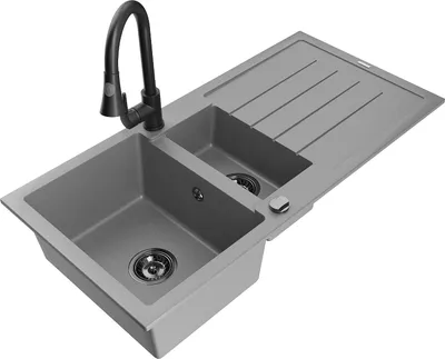 Produktbild von Mexen Andres 1,5-Becken-Granitspüle mit Abtropffläche und Mischbatterie Elia, Grau - 6515-71-670101-70-B