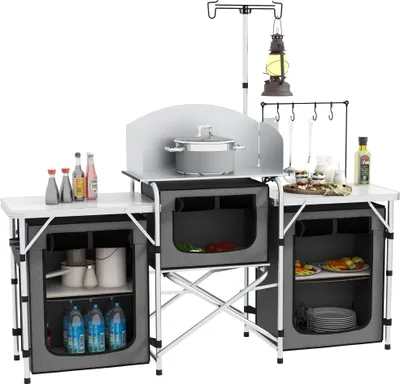 Produktbild von Outsunny Campingküche klappbar, Outdoor Küche mit Windschutz, 3 Schränkfach