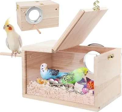 Produktbild von transparentes vogelhaus aus holz für garten, geeignet für wellensittiche und andere vögel, in verschiedenen größen für zucht und dekoration