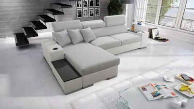Produktbild von Ecksofa mit Schlaffunktion Eckcouch PERS I MINI Sofa (Grau LUXO 6601 + weißes Kunstleder, Links)