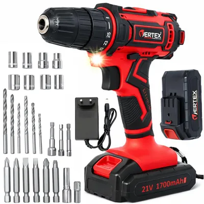 Image de Perceuse-visseuse sans fil 21 V, 32 Nm, 2 batteries, chargeur + mallette avec accessoires, VERTEX