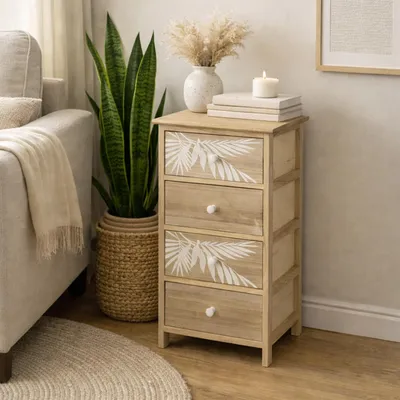 Produktbild von Kommode Melia 4 Schubladen Palmen-Design Artisaneiche-Weiß