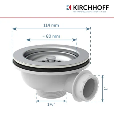 Immagine prodotto di Valvola a cestello, 1 1/2" AG, calotta valvola e filtro in acciaio inox Ø 114 mm, con raccordo di troppo pieno da 1"