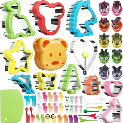 Produktbild von 59stk Ausstechformen Set Sandwich Schneider, Brotausstechformen, Sandwiches Gemüse Obst Plätzchenausstecher Edelstahl Komfortgriff mit Food Picks Obstgabeln