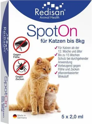 Produktbild von Redisan Spot-on przeciw kleszczom+pchłom dla kotów do 8kg 5X2 ml