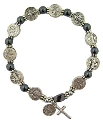 Imagen del producto de Pulsera de Rosenkranz con cuentas de hematita, 19,1 cm, medalla de San Benito, joya de carácter espiritual