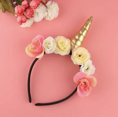 Produktbild von CHPN - Einhorn-Diadem - Einhorn-Stirnband - Diadem mit Blumen und Horn - Goldhorn - Kinderparty - Geschenk - Goldfarben - Diadem mit Blumen