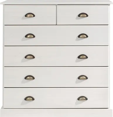 Produktbild von Kommode PARIS aus Kiefer massiv in weiß, schöne Kommode mit Muschelgriffe, praktische Apothekerkommode mit 6 Schubladen