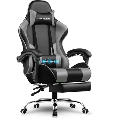 Immagine prodotto di Sedia da gioco GTPLAYER, sedia da ufficio, sedia ergonomica per PC, poltrona da gioco con supporto lombare massaggiante, poggiapiedi e poggiatesta, ecopelle grigia