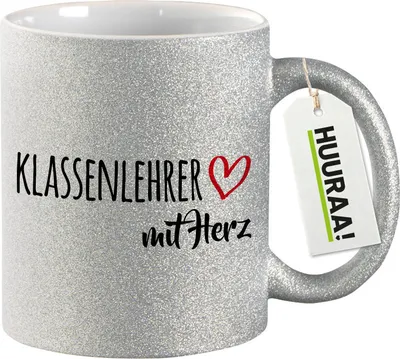 Produktbild von Huuraa Glitzertasse Klassenlehrer mit Herz 330ml Silber Keramik Kaffeebecher Geschenkidee