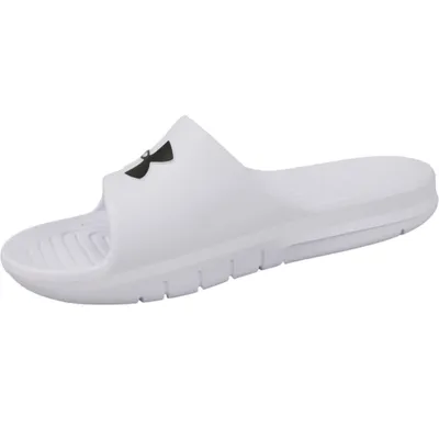A white Under Armour slide sandal with a black logo is shown from the side against a white background.