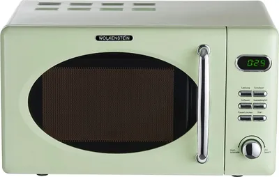 A retro-style green microwave oven displayed from the front.