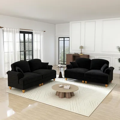 Produktbild von L-förmiges 2-Sitzer Sofa mit Hocker und abnehmbarer Rüschenschürze 194 cm Chenille Schwarz