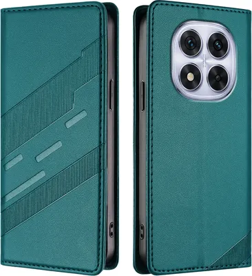 A teal-colored phone case is shown from two angles, with the front cover open on the left and the back cover closed on the right.