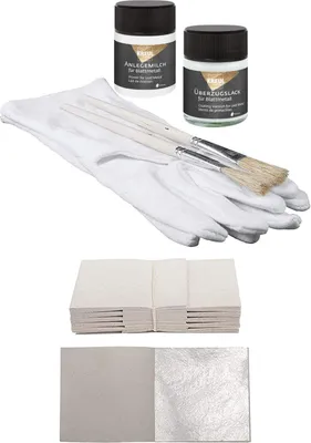 Produktbild von Starterset 100 Blatt Echtes Blattsilber 6 cm x 6 cm Echt Silber 925 Set zum Versilbern & Basteln  + 1x Kreul Anlegemilch Kleber 50ml + 1x Überzugslack 50ml + 1 Paar Handschuhe + 2 Pinsel