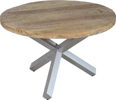 Produktbild von Runder Esszimmertisch 130 cm Runis, Mangoholz massiv & naturfarben, Esstisch im Used-Look, silberner Metallfuß in Sternform, aufgedoppelte Tischplatte 50 mm (25+25mm)