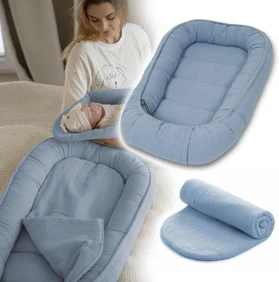 Productafbeelding van Babynestje 100 x 60 cm - Zacht mousseline slaapnest voor pasgeborenen, cocon voor baby's - 100% katoen, blauw