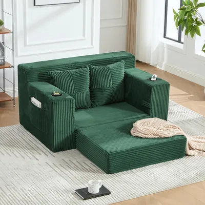Imagen del producto de STILVORA: Sofá cama con 2 cojines y portavasos, sofá de doble asiento tapizado en tejido de cachemira con espacio de almacenamiento lateral, y un otomán decorativo