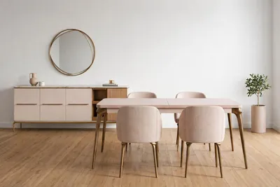 Image de Ensemble moderne comprenant une table à manger, 4 chaises, une console et un miroir rond