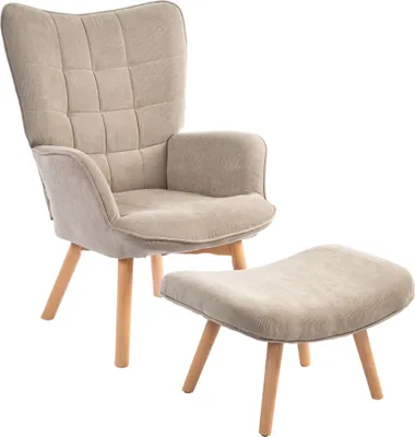 Produktbild von Akzentsessel mit Hocker, Relaxsessel in Cord-Optik, Armlehnstuhl mit Holzbeinen, für Wohnzimmer, Hellbraun