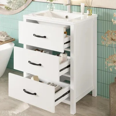 Produktbild von Waschtisch freistehend 61x47x83 cm 3 Schubladen Soft-Close Keramik Weiß