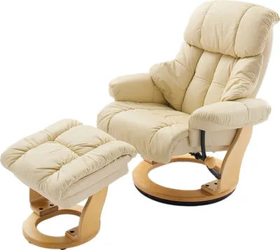 Produktbild von Relaxsessel >Carl I< mit Hocker, bis 130 kg belastbar, drehbarer Fernsehsessel mit Liegefunktion, Echtleder creme, Gestell Holz natur