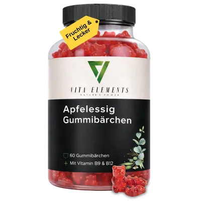 Vita Elements Apfelessig Gummibärchen mit Vitamin B9 & B12, fruchtiges Nahrungsergänzungsmittel.
