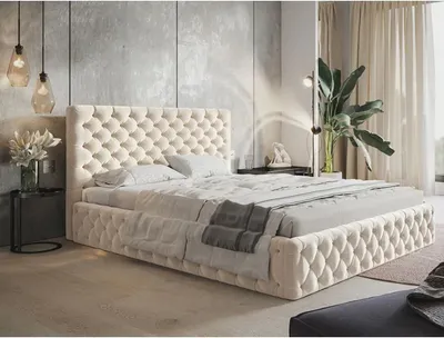 Produktbild von Polsterbett SIM 8 mit Kopfteil, 180x200 cm, Doppelbett mit Bettkasten und Lattenrost aus Holz, Velourstoff, Farbe: Beige