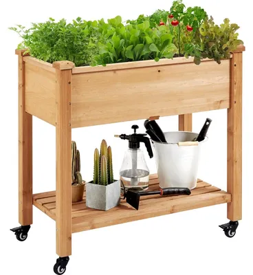 Zdjęcie produktu dla Podwyższona donica na kółkach - Drewniana skrzynka na rośliny - 87 x 47 x 83 cm - Z półką