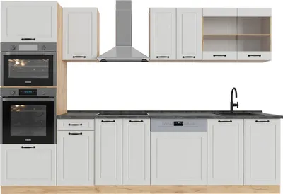 Produktbild von Küchenzeile Vicco R-Line Weiß Landhaus/Goldkraft Eiche 300 cm mit Hochschrank, ohne Arbeitsplatte, Model 53825