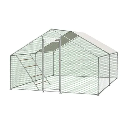 Image de Grand poulailler métallique 3 x 4 m – Poulailler d'extérieur avec échelle et serrure de sécurité, bâche imperméable anti-UV, pour poules, pigeons, canards et dindes