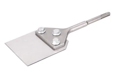 A tool with a flat blade attached to a shaft, designed to be used with a rotary hammer.