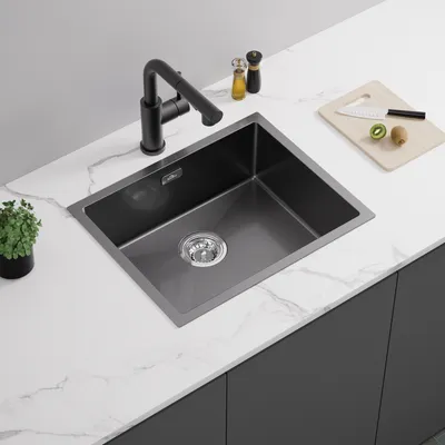 Produktbild von Edelstahl Küchenspüle 55 x 44 cm Spülbecken Küche, für  Edelstahlspüle ab 60er-Schrank, Flächenbündig, Unterbau oder Einbau, Schwarzgrau Spülen